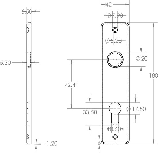 Technische tekening van een deurklinkschild met maten.