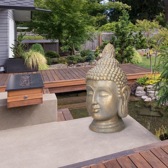 Statue tête de Bouddha 53cm en polyrésine aspect bronze pour le yoga