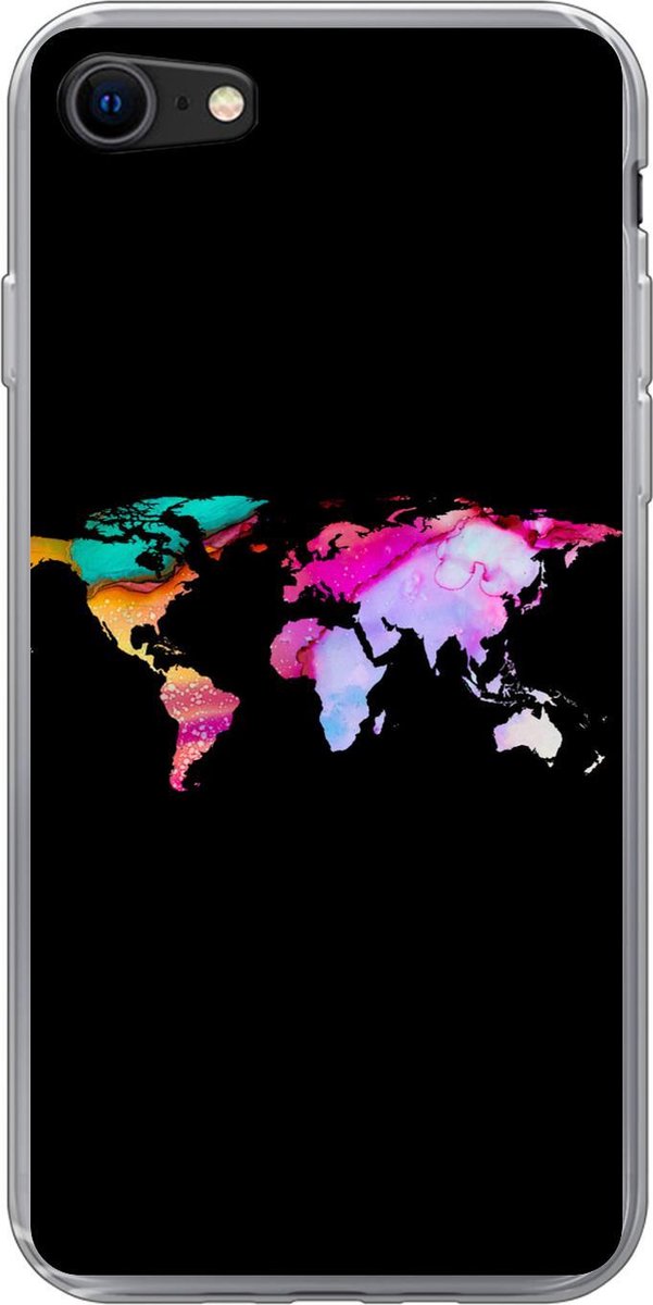 Telefoonhoesje Geschikt voor iPhone SE 2020 hoesje - Wereldkaart - Kleur - Waterverf - Siliconen Telefoonhoesje Telefoonhoesje