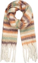 Zachte dames sjaal Cosy Stripes|Langwerpige shawl|Beige groen oranje|Gestreept