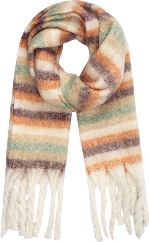 Zachte dames sjaal Cosy Stripes|Langwerpige shawl|Beige groen  oranje|Gestreept | bol