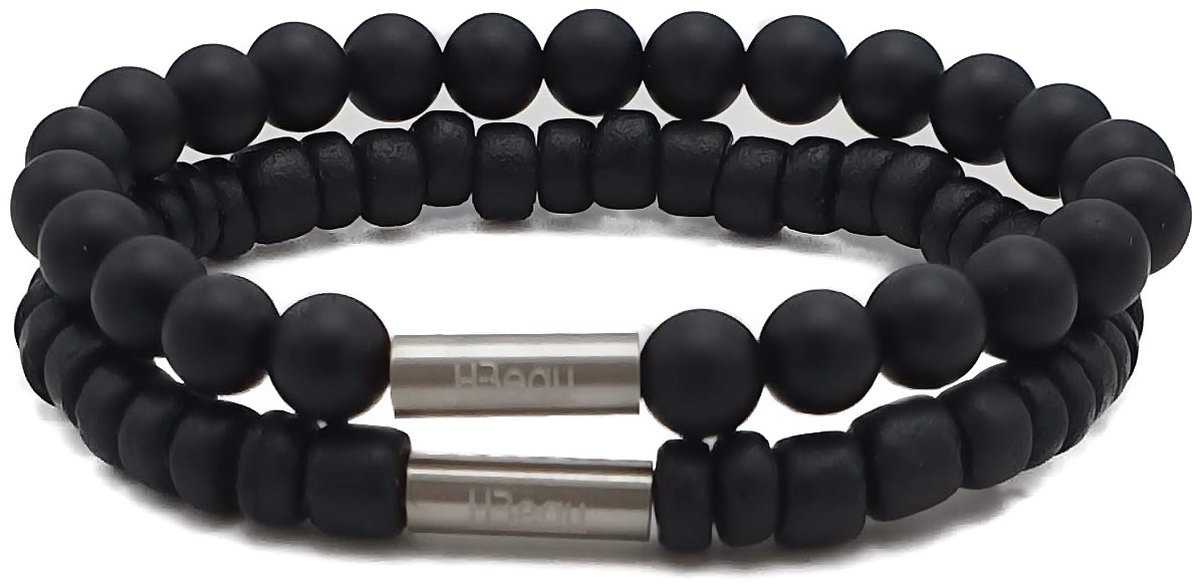 H-Beau - Duo – Cadeau - Set van 2 Handgemaakte Armbanden - Jongens Armband - Breedte: 6mm – Lengte: 16,5cm - Zwart - Natuurstenen - Natuurkralen - Onyx – Kokos – hout - Kralen - RVS Kraal - Mat – Uniseks - Geschenk