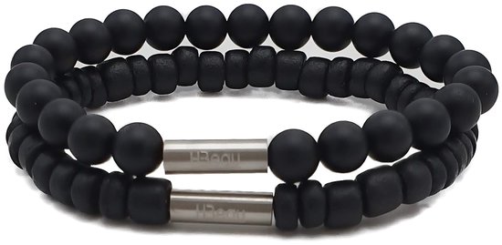 H-Beau - Duo - Cadeau - Set de 2 Bracelets Faits Main - Bracelets Garçons - Largeur: 6mm - Longueur: 16,5cm - Zwart - Pierres Naturelles - Perles Naturelles - Onyx - Kokos de Coco - Bois - Perles - Perle en Acier Inoxydable - Mat - Unisexe - Cadeau