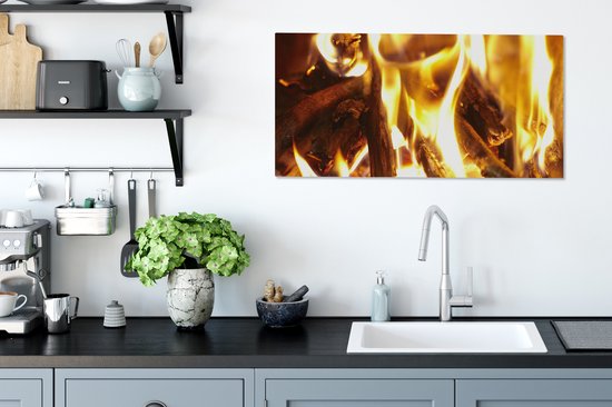 Tableau sur toile Une cheminée avec feu - 80x40 cm - Décoration murale
