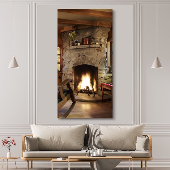 Peinture sur toile 80x160 cm - Décoration murale Feu brûlant dans une cheminée - Décoration murale murale salon - Décoration chambre - Accessoires de chambre - Peintures