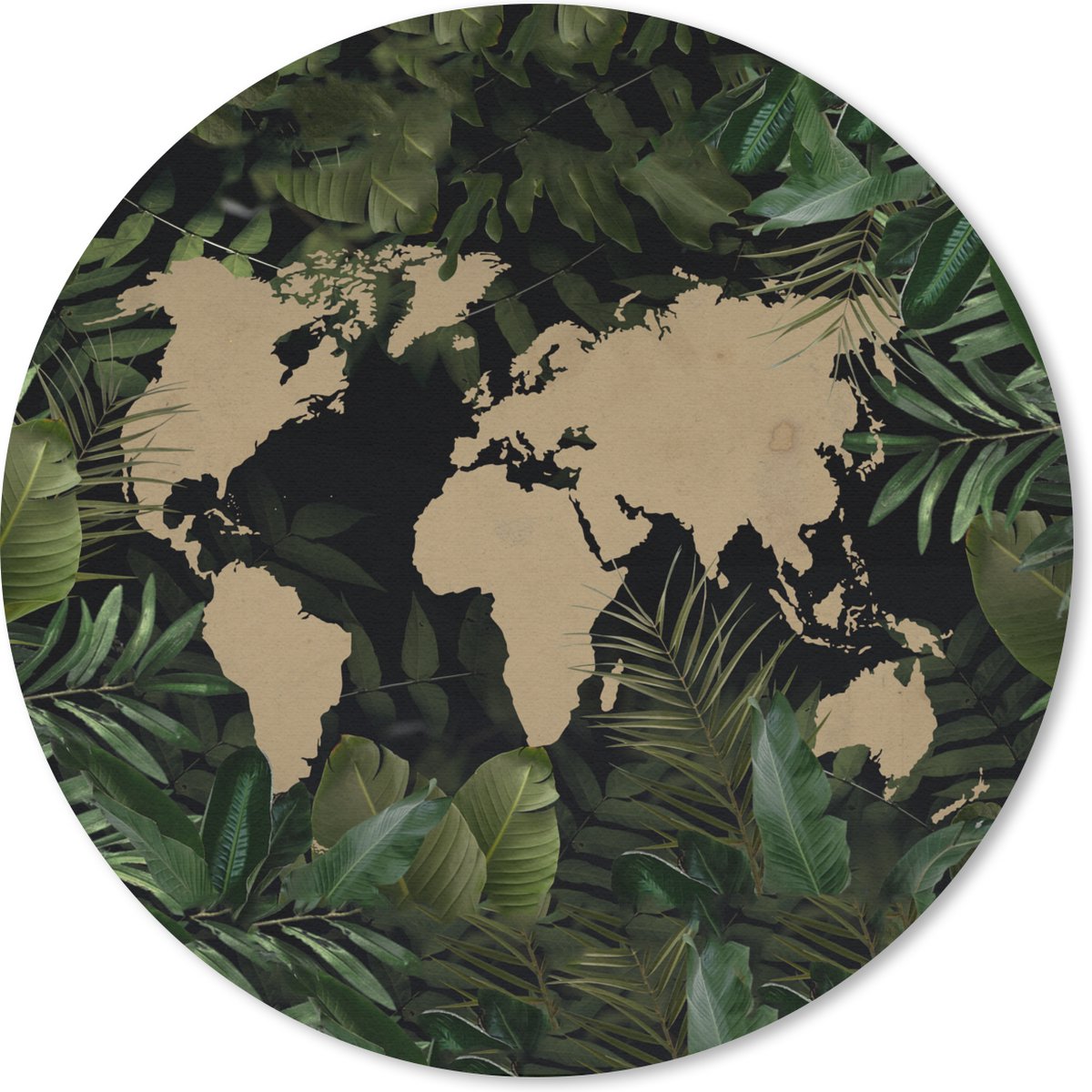 Muismat rond 20x20 cm - Mousepad Wereldkaart - Planten - Bladeren - Ronde muismatten