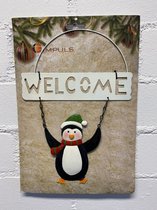Metalen Kersthanger "Welcome" - Pinguin - 27.5x19.5 x1cm - Kerstdecoratie - Seizoen decoratie