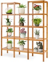 LUXGOODS Badkamerplank, bamboe utiliteit plank met 5 niveaus, keukenplank, plant display stand rek, multifunctionele staande plank voor woonkamer, badkamer en hal, 115 x 32 x 140 cm