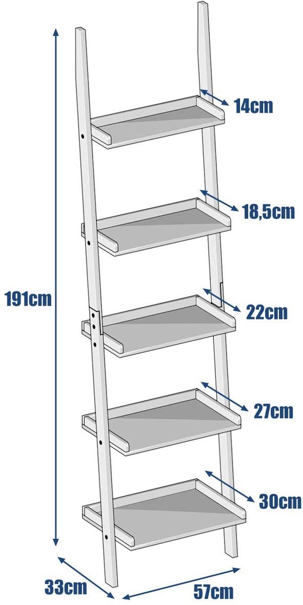 Wandmontage ladderplank 5-laags boekenkastrek industriële zwevende