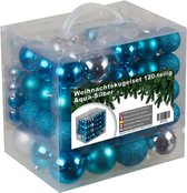 Kerstballenset - kerstballen verschillende diameters - kerstversiering - 120 stuks - zilver met aqua blauw