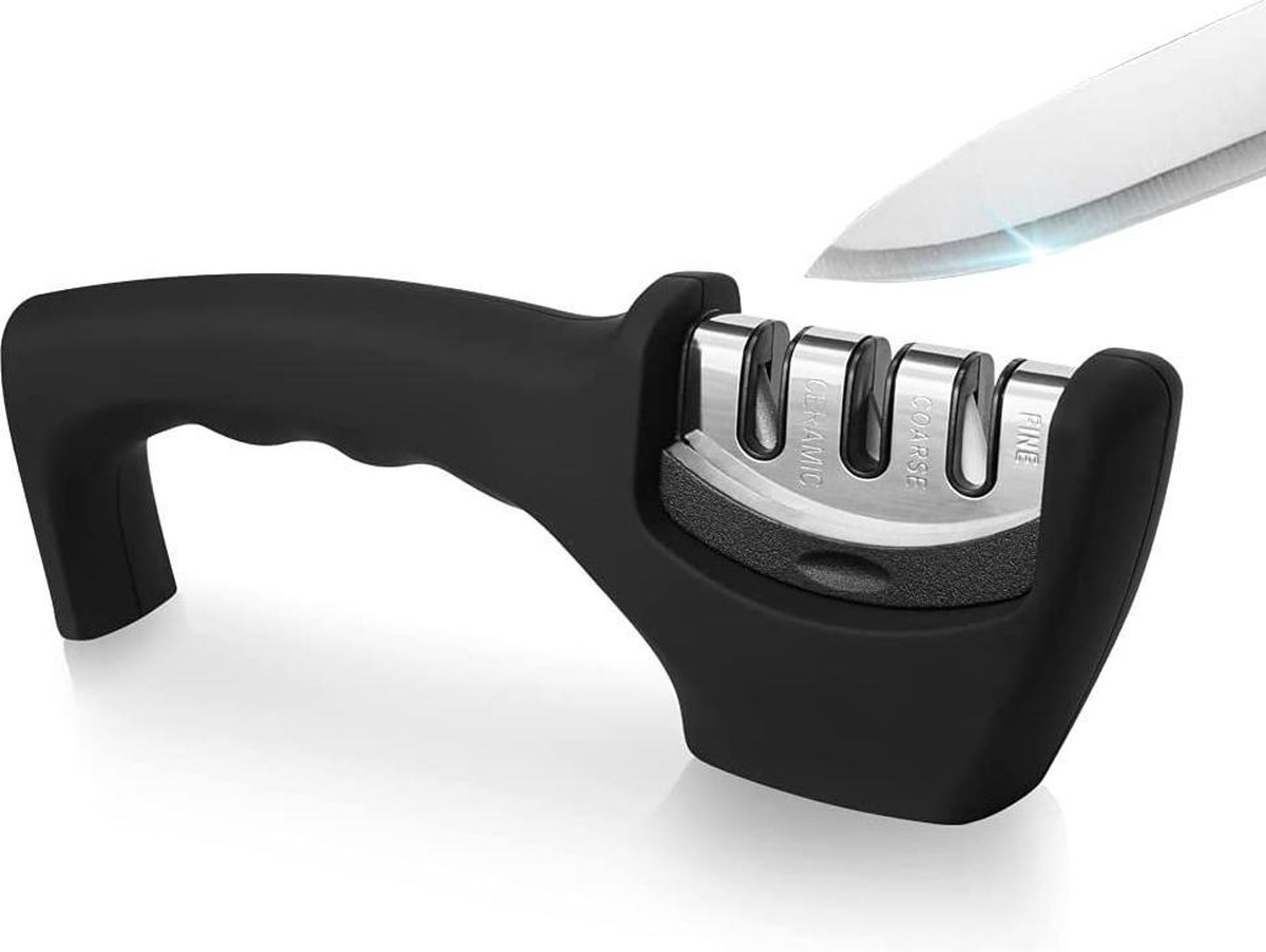 Keukenmessenslijper - Professionele 3-traps handmatige slijpers - Ergonomisch handvat en antislipbasis - Veilig slijpgereedschap - Gemakkelijk slijpmessen in een handomdraai, zwart.
