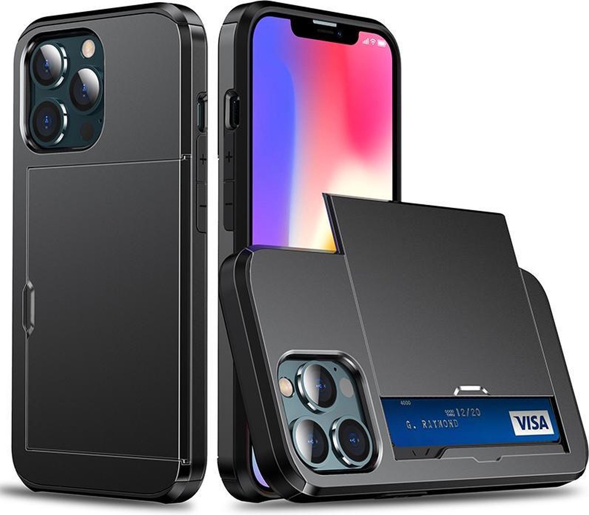 iPhone 13 Case, iPhone 13 Pro Max Case, Shockproof, Full Body Protection, Slider Cover Credit Card Slot, iPhone Wallet Phone Case (iPhone 13 Pro Max, Black)