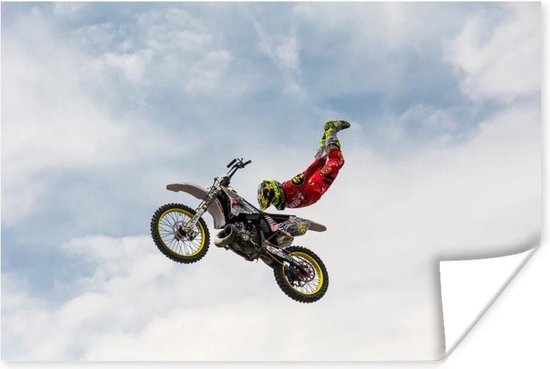 Poster Motor en motorrijder tijdens een stunt in de lucht - 30x20 cm