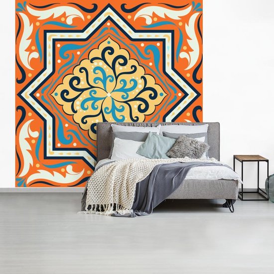 Motif carré avec une étoile sur fond orange avec décorations 240x240 cm