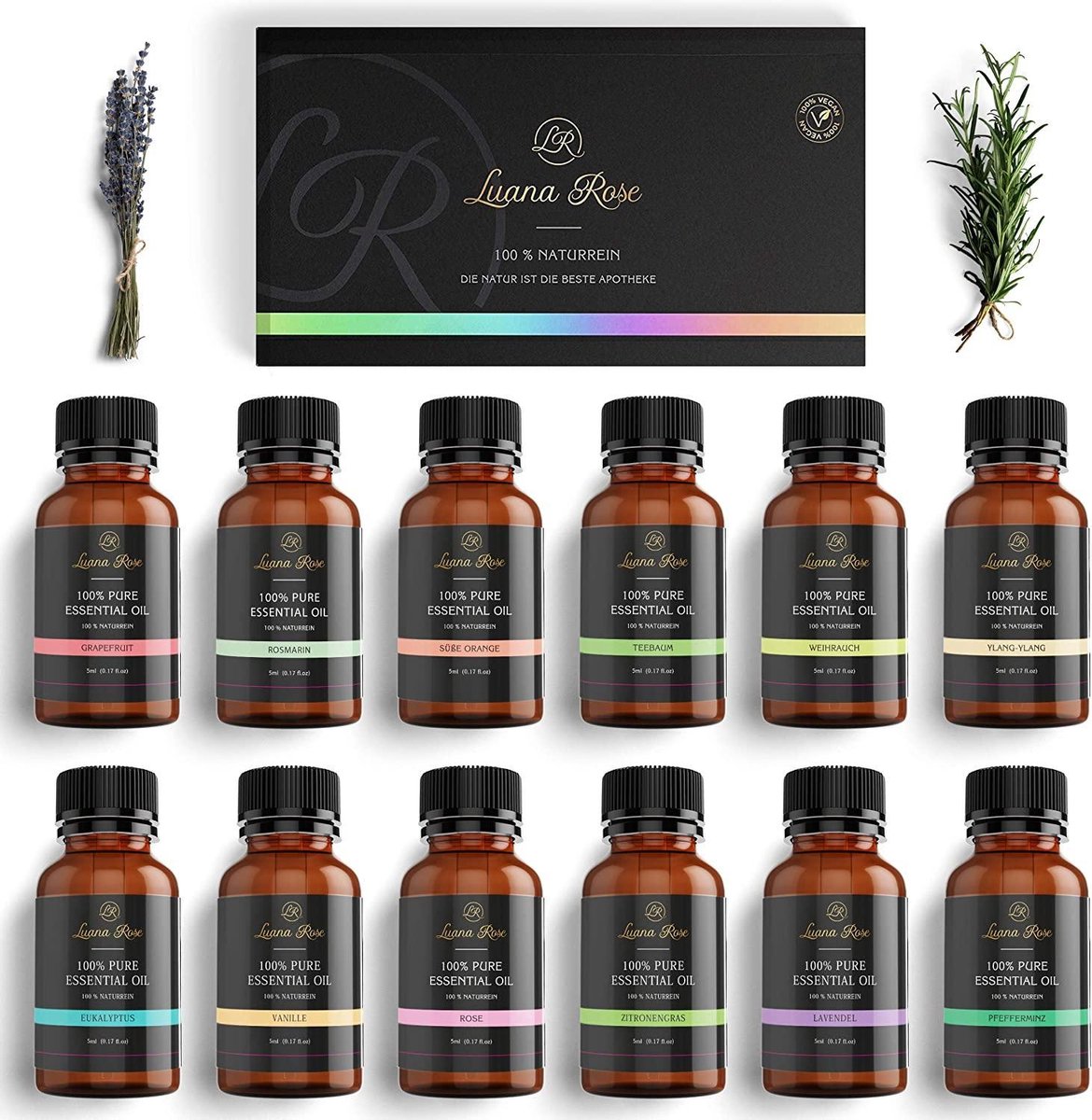 Goedkoopste Luana Rose - Sets met etherische oliën - 100 veganistisch en natuurlijk - 12x Aroma-oliën voor diffuser - Pure aroma-olie en aroma-olie voor diffuser - Vanille - Lavendel - Roos en nog veel meer