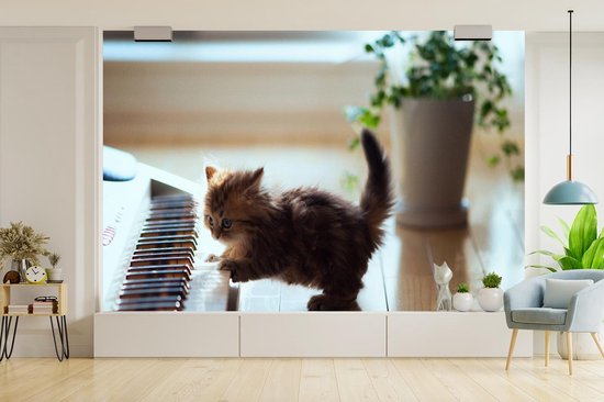 Papier peint photo peint photo vinyle - Chaton jouant avec un piano largeur 390 cm x hauteur 260 cm - Tirage photo sur papier peint (disponible en 7 tailles)