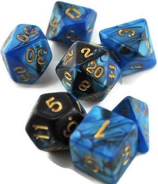 Dungeon Dice plastique Polydice Dés Set 7 pièces - Black & Blue Swirl | Pour D&D et autres jeux de rôle | Set de Dés en plastique pour donjons et Dragons
