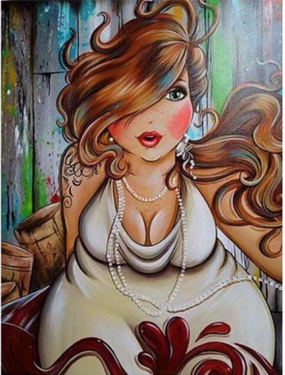 TOPMO - Dikke dames- Dikke dames witte jurk #2 - Diamond painting- HQ Diamond Painting pakket - VOLLEDIG dekkend - Diamant Schilderen - voor Volwassenen – ROND- 40X50CM
