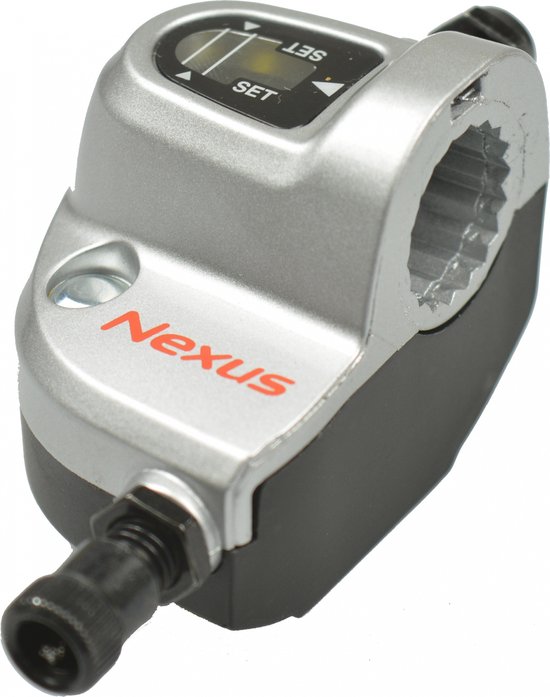 Zilveren Shimano Nexus clickbox met zwart display, 'SET'-tekst en rode 'Nexus'-opdruk.