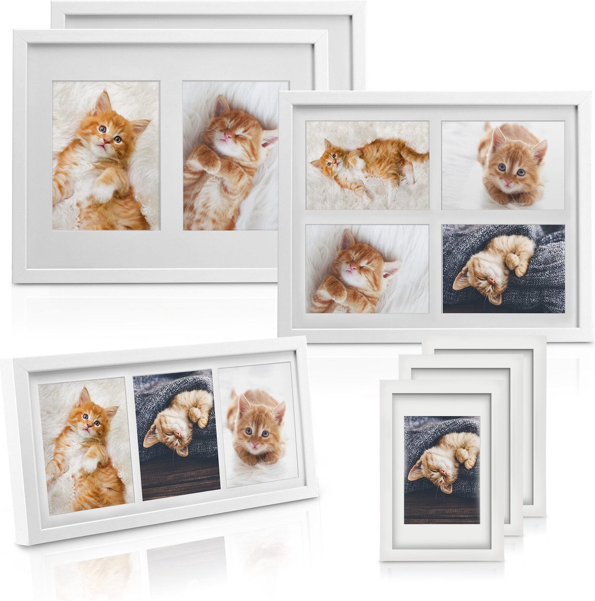 bomoe fotolijsten set van 7- houten fotolijst met passe-partout & kunststof glazen lijst voor foto's 1x 4 foto's 1 x 3 foto's 2 x 2 foto's 3 x 1 foto - Wit - Galeria
