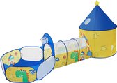 SONGMICS 3-in-1 speeltent, pop-up, met tunnel, ballenbad, basketbalhoepel, voor kinderen, voor binnen en buiten, met dinosaurusmotief, cadeau-idee, voor verjaardag, geel-blauw LPT7