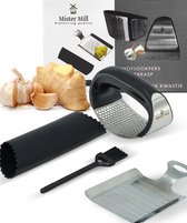 Mister Mill Knoflookpers Gemberpers Set incl. Peller en Borstel - RVS - Lookpers - Knoflook Pers - Gemberrasp - Knoflooksnijder - Knoflookpeller - Garlic Press | Himalaya Zout Rasp