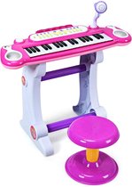 Monkey's Kindertoetsenbord - Pianotoetsenbord Met Kruk - Elektrisch - Standaard - Microfoon - Opname Afspeelfunctie - Roze - 37 Toetsen - Geschenk - Sinterklaas - Kerstmis