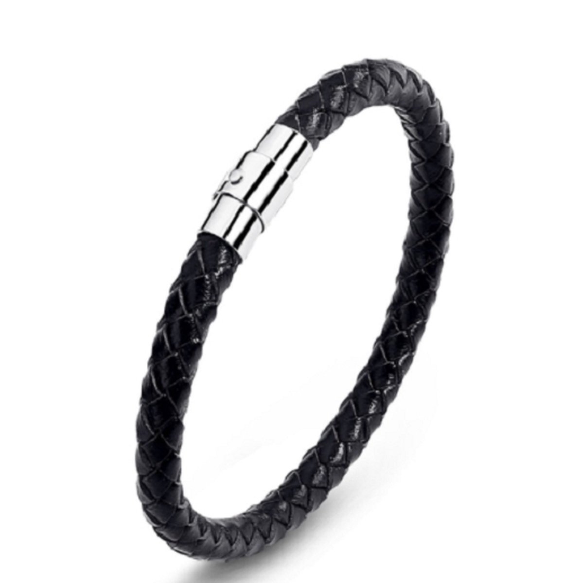 Gevlochten Zwarte Leren Armband 200mm Met Roestvrij Stalen Magneetsluiting