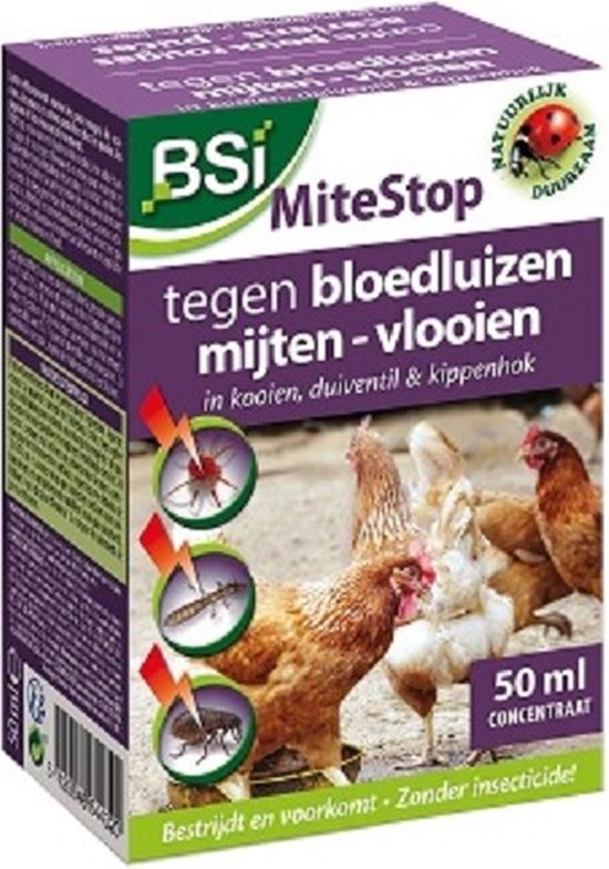 BSI - Mitestop 50 ml Concentré - Lutte contre les acariens rouges, acariens et autres parasites chez les poulets, pigeons et oiseaux - 10 ml MideStop + 1 l d'eau = 10 m²