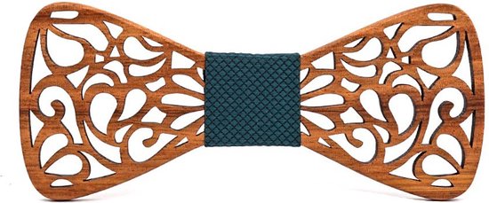 DWIH - houten Vlinderdas - Vlinderstrik van hout - Flower serie - Henri - Groene stof