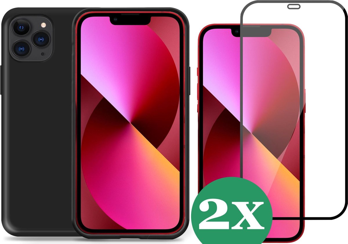 Hoesje geschikt voor iPhone 11 Pro Max siliconen zwart case - 2x Screen Protector Glas