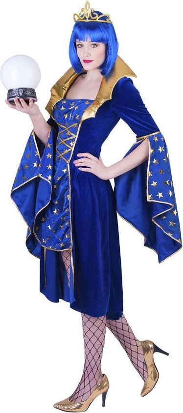 Funny Fashion - Tovenaar & Tovenares & Waarzegster Kostuum - Wonderlijke Waarzegster Wioleta - Vrouw - Blauw, Goud - Maat 36-38 - Carnavalskleding - Verkleedkleding