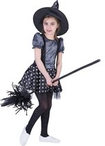 Funny Fashion - Heks & Spider Lady & Voodoo & Duistere Religie Kostuum - Magische Melkweg Heks - Meisje - Zwart, Zilver - Maat 116 - Halloween - Verkleedkleding