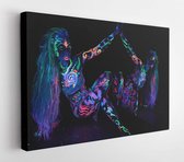 Canvas schilderij - Art woman body art on the body dancing in ultraviolet light. Bright abstract drawings on the girl body neon color. Fashion and art woman  -     1751481173 - 50*