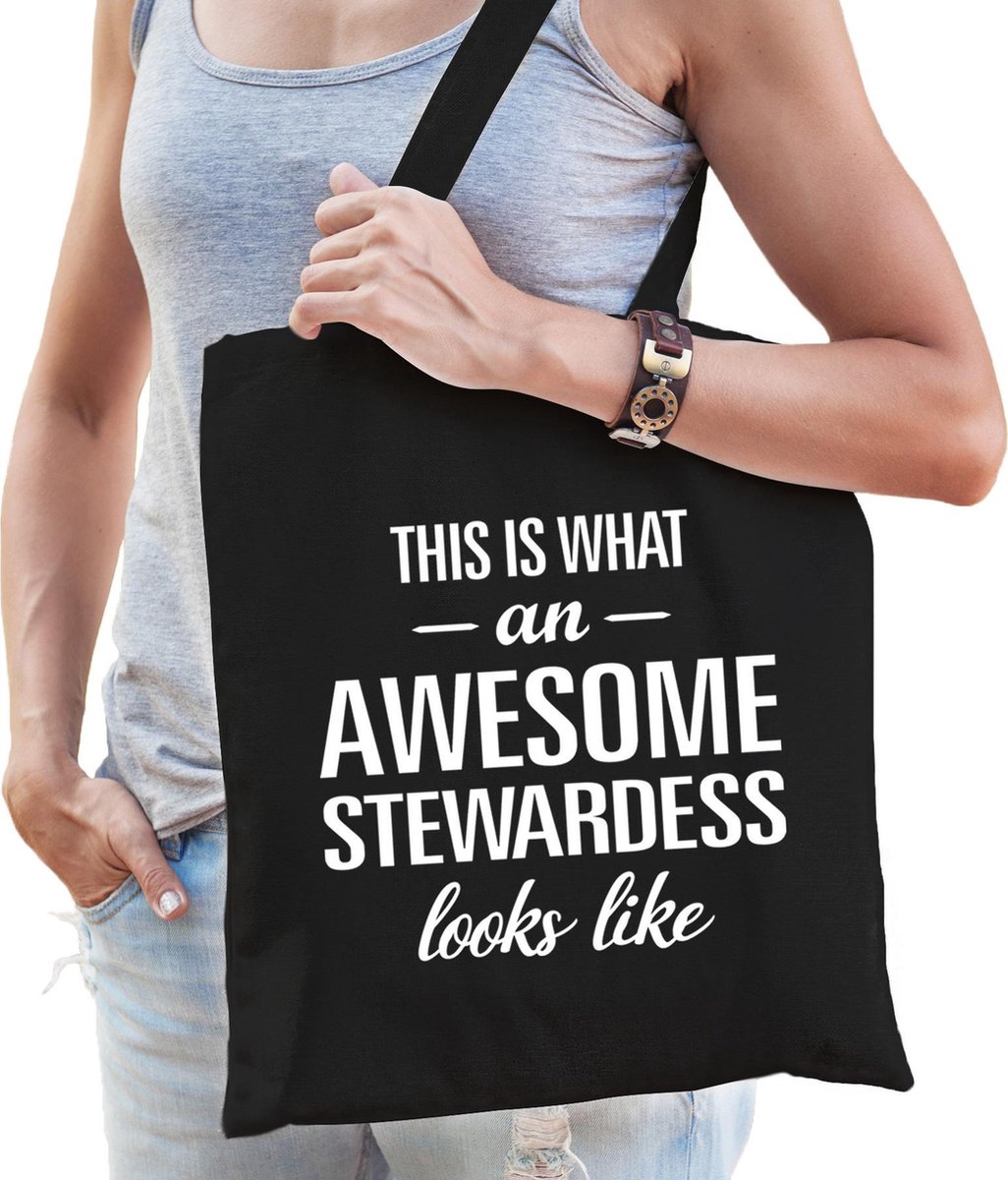 Awesome / geweldige stewardess - cadeau - tasje - zwart - voor dames - beroepen
