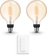 Philips Hue Uitbreidingspakket White E27 - 2 Hue Lampen en Dimmer Switch - Warm Licht - Filament Globe Groot - Werkt met Alexa en Google Home