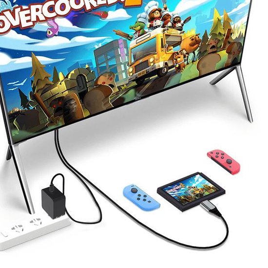 Een Nintendo Switch met de "Overcooked" game wordt op een tv weergegeven via een Brook HDMI-kabel en adapter, met blauwe en rode Joy-Cons.