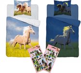 Dekbedovertrek Paard - Glow in the Dark - 1 persoons 140x200 - kussen 70x80 - dekbed bruin paard, incl. incl. Paarden stickers !