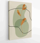 Canvas schilderij - Green and earth tone background foliage line art drawing with abstract shape and watercolor 2 -    – 1922511890 - 80*60 Vertical