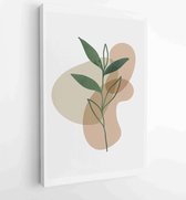 Canvas schilderij - Green and earth tone background foliage line art drawing with abstract shape and watercolor 1 -    – 1922511887 - 40-30 Vertical