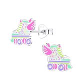 Joy|S - Zilveren rolschaats oorbellen - rollerskates oorknoppen - multicolor met glitter wit