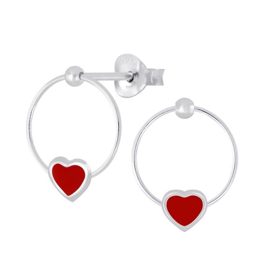 Joy|S - Zilveren hartje oorbellen - met ronde cirkel - rood - 11 mm