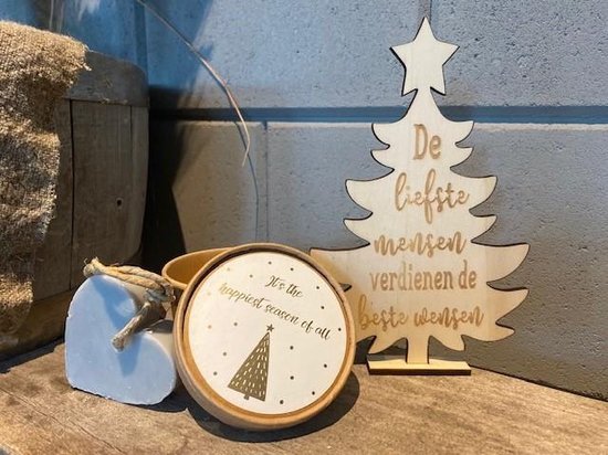 Kerstattentie zeepje in doos( it's the happiest season of all) + Kerstboompje met sierlijke tekst en ster 20x13 cm - populierenhout 4 mm - kerstpakket - kerstattentie - kerstdecoratie