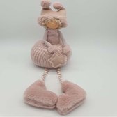 Meisje kunststof popje met dubbele puntmuts Roze met hangbenen