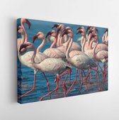 Canvas schilderij - Wild african birds. Group of pink flamingo birds on the blue lagoon. Walvis bay, Namibia  -     1550394242 - 115*75 Horizontal