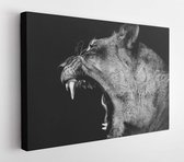 Canvas schilderij - B&W Lion yawning  -     1201508008 - 80*60 Horizontal