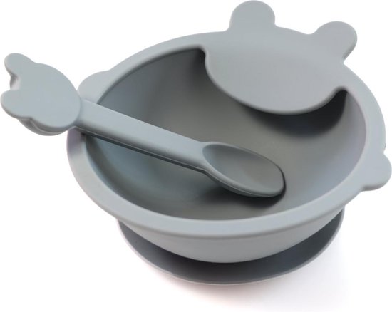 KliederZ 3-delige Siliconen Eetset - voor baby en peuters - Slabbetje Schaaltje Lepel - Kwalitatieve kinder serviesset met opvangbakje en zuignap - Grijs Lychee SE05 van KliederZ — afbeelding 4