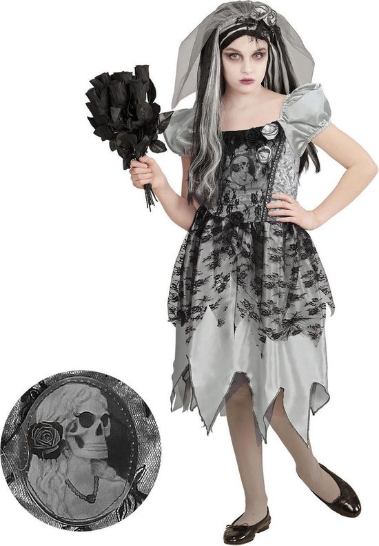 Widmann - Spook & Skelet Kostuum - Spook Bruid Mastisa - Meisje - Grijs - Maat 128 - Halloween - Verkleedkleding