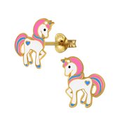 Joy|S - Zilveren eenhoorn oorbellen - 10 x 13 mm - pony oorknoppen - unicorn - 14k goudplating