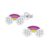 Joy|S - Zilveren regenboog oorbellen - roze paars geel wit kristal - 13 x 7 mm